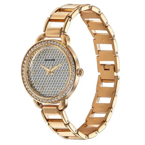 Sonata Wedding Bling Quartz Analog Silver Dial Rose Gold Metal Strap Watch for Women 87052WM04
