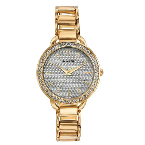 Sonata Wedding Bling Quartz Analog Silver Dial Rose Gold Metal Strap Watch for Women 87052WM04