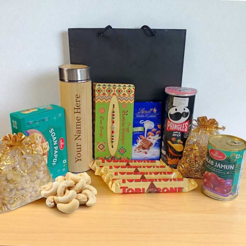 Rakhi Surprise for Brother with Snacks and Customized Bottle JNK-4228
