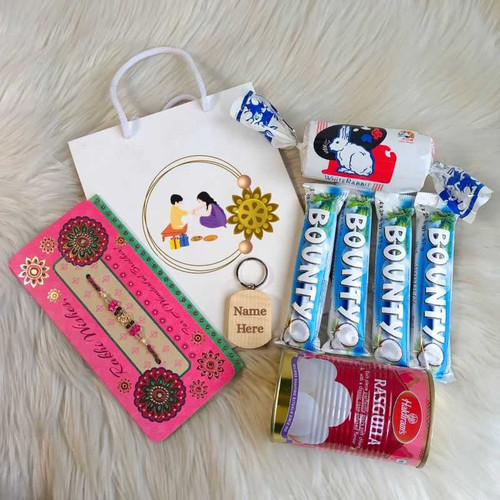 Rakhi Gift Combo for Brother with Chocolates, Mithai & Personalized Keyring JNK-4229