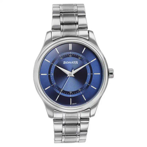 Sonata Quartz Analog Blue Round Dial Silver Stainless Steel Strap Watch For Men 77149SM01