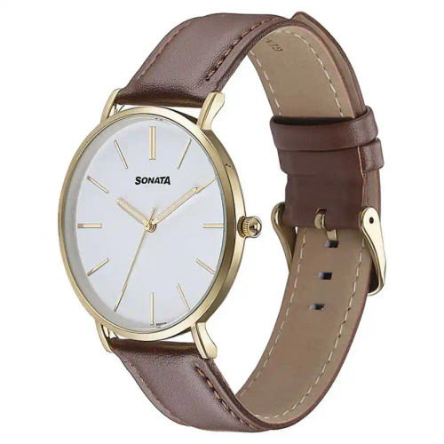 Sonata Quartz Analog White Dial Brown Leather Strap Watch For Men 77143YL01