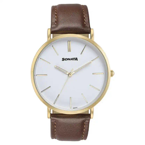 Sonata Quartz Analog White Dial Brown Leather Strap Watch For Men 77143YL01