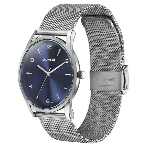 Sonata Quartz Analog Blue Dial Silver Stainless Steel Strap Watch For Men 77140SM01