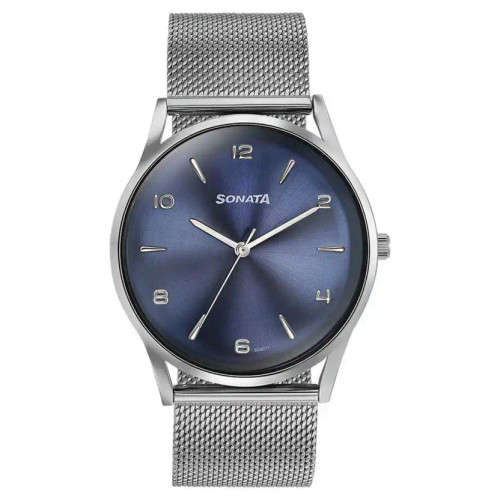 Sonata Quartz Analog Blue Dial Silver Stainless Steel Strap Watch For Men 77140SM01