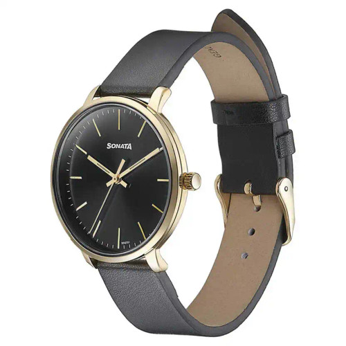 Sonata Quartz Analog Black Dial Black Leather Strap Watch For Women 87069YL01