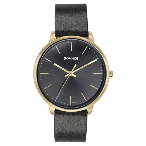 Sonata Quartz Analog Black Dial Black Leather Strap Watch For Women 87069YL01