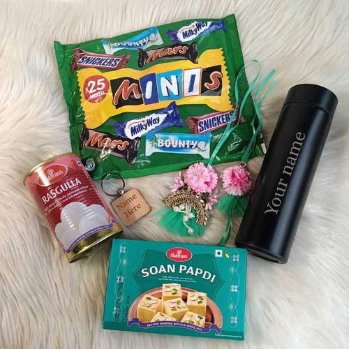 Bhaiya & Bhabi Gift Combo with Rakhi, Personalized Bottle & Keyring JNK-4230