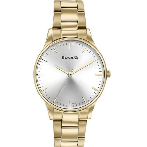 Sonata Quartz Analog Silver Dial Golden Stainless Steel Strap Watch For Men 77144YM02