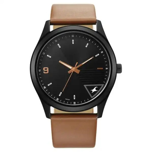 Fastrack Stunners Quartz Analog Black Dial Brown Leather Strap Watch For Men 3317NL02