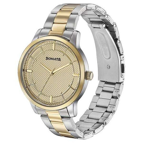 Sonata Quartz Analog Golden Dial Two Toned Stainless Steel Strap Watch For Men 77148BM01