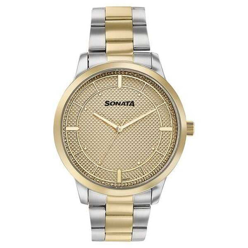 Sonata Quartz Analog Golden Dial Two Toned Stainless Steel Strap Watch For Men 77148BM01