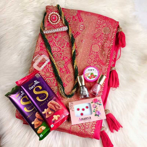 Dola Silk Saree, Women Accessories, and Chocolates Gift Combo JNK-4250