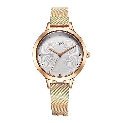 Titan Raga Memoirs Quartz Analog White Dial With Rose Gold Color Metal Strap Watch For Women 2754WM01
