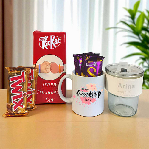 Chocolates, Mug & Glass Sipper Gift for Friend JNK-4281