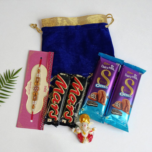 Rakhi Gift Hamper with Dairy Milk Oreo, Mars & Marble Ganesha