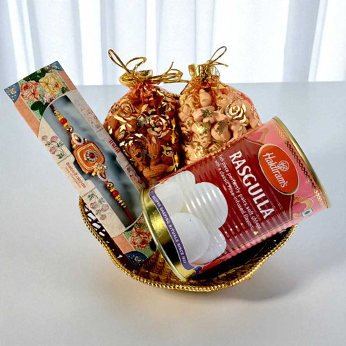 Rakhi Gift Basket with Dry Fruits & Haldiram Rasgulla NKS-1189