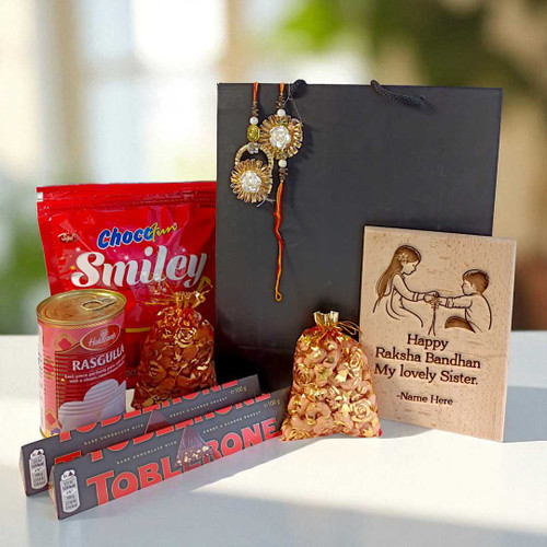 Raksha Bandhan Gift Combo with Plaque Board & Treats for Brother & Sister JNK-4298