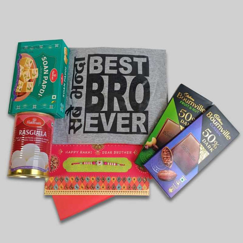 Rakhi Surprise for Brother with Best Bro T-Shirt, Mithai & Chocolates JNK-4301