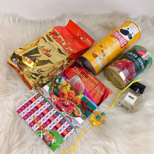 Festive Rakhi Gift Box with Perfume, Snacks & Sweets for Brother NKS-1193