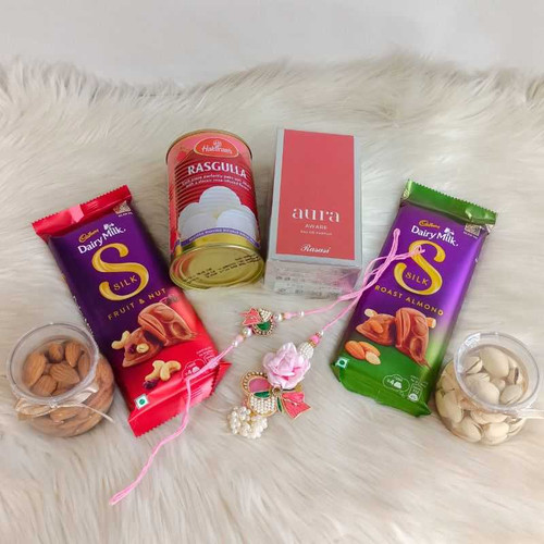 Rakhi Gift Hamper with Perfume, Dry Fruits, Chocolates & Sweets NKS-1197