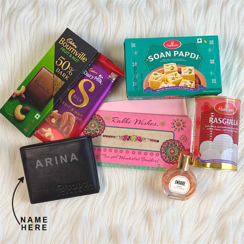 Elegant Rakhi Gift Set with Chocolates, Sweets, Perfume & Personalized Wallet NKS-1200