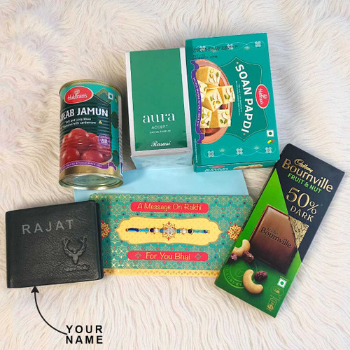 Personalized Rakhi Hamper with Perfume, Chocolates, Sweets & Custom Wallet NKS-1201