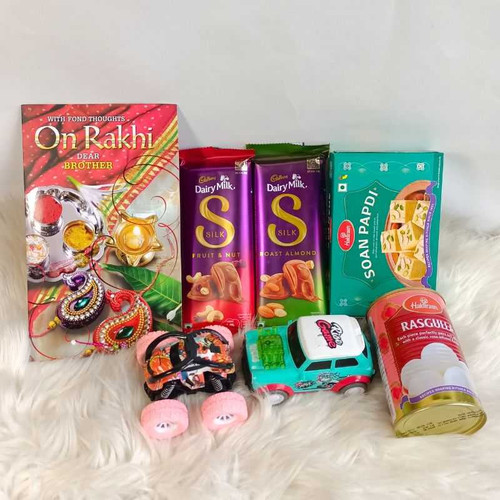 Rakhi Hamper with Sweets, Silk Chocolates, Toys & Designer Rakhi NKS-1204