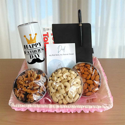 Father's Day Gift Basket with Tumbler Bottle, Dry Nuts, Notebook & Pen JNK-4329