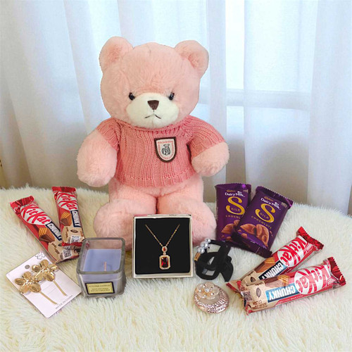Elegant Delight Hamper with Teddy, Chocolates & Jewelry NKS-1207