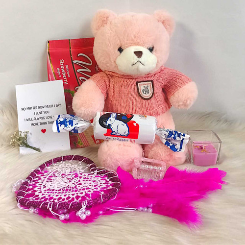 Pink Teddy, Candle & Sweets Gift Hamper for Her NKS-1208