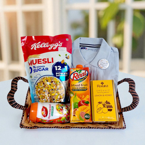 Father's Day Gift Basket: T-Shirt (XL), Snacks, & Real Juice