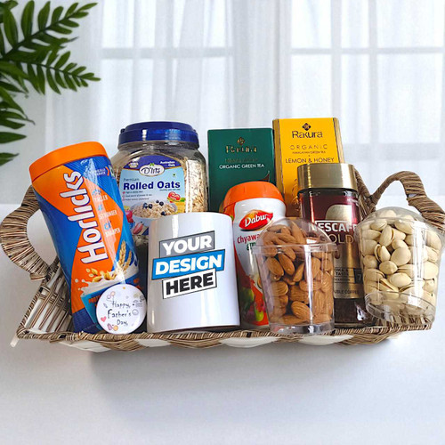 Father's Day Gift: Tea & Wellness Basket with Rakura, Nescafe, Horlicks, Mug, and Dry Nuts JNK-4382
