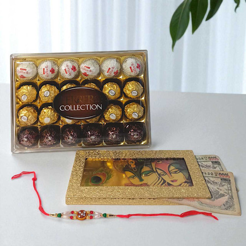 Traditional Rakhi Gift Set with Radha Krishna Envelope, Rakhi & Chocolates JNK-4384