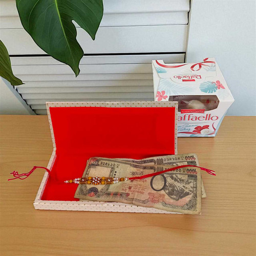 Rakhi Return Gift for Sister: Raffaello Chocolates & Cash Sagun Envelope Box JNK-4385