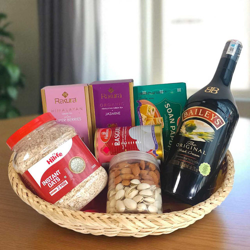 Whisky 1ltr, Rakura Tea, & Mithai Gift Basket JNK-4399