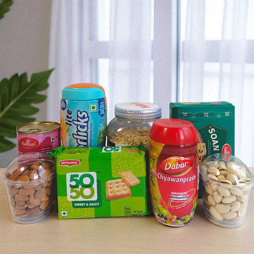 Wholesome Treats Gift Hamper – Dry Fruits, Health Drinks & Indian Sweets NKS-1264