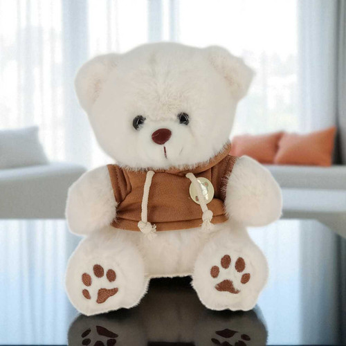 9 In. Soft White Teddy with Brown Hoodie