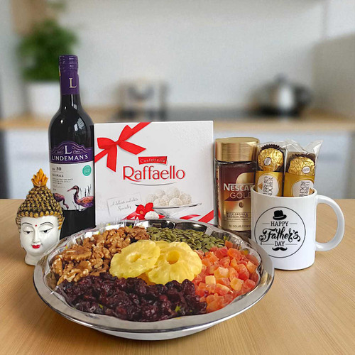 Red Wine 750ml, Dry Nuts & Buddha Statue – Father’s Day Gift Combo JNK-4466