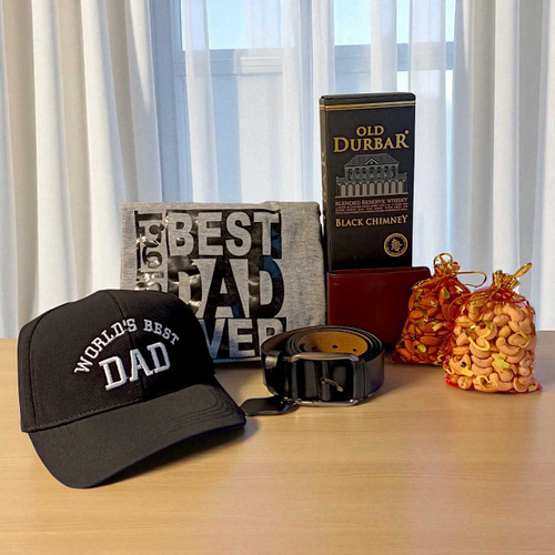Dad's Celebration Gift Combo with T-Shirt, Dry Nuts & Whisky 750ml JNK-4495