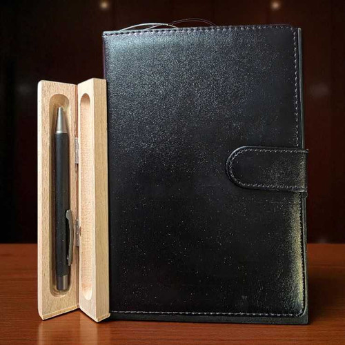 Executive Black Writing Set – A5 Notebook & Custom Pen in Wooden Box SPM-14