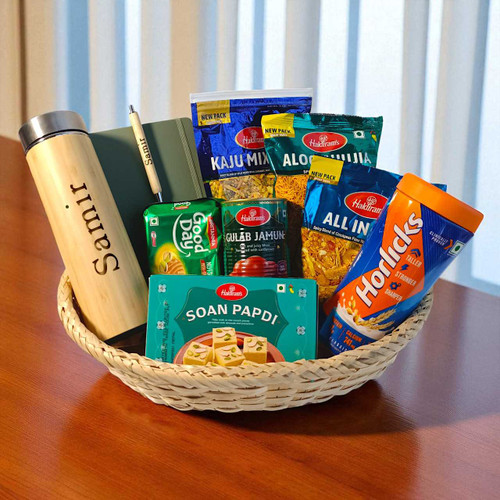 Snacks Gift Basket with Personalized Bottle, Notebook & Pen JNK-4523