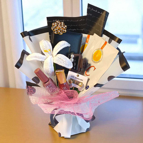 Surprise Cosmetic and Crocheted White Lily Bouquet For your Dearest BPL-103