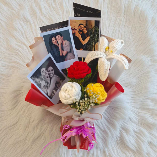 Personalized Photo Bouquet with Rose & Lily Crochet Flowers JNK-4626