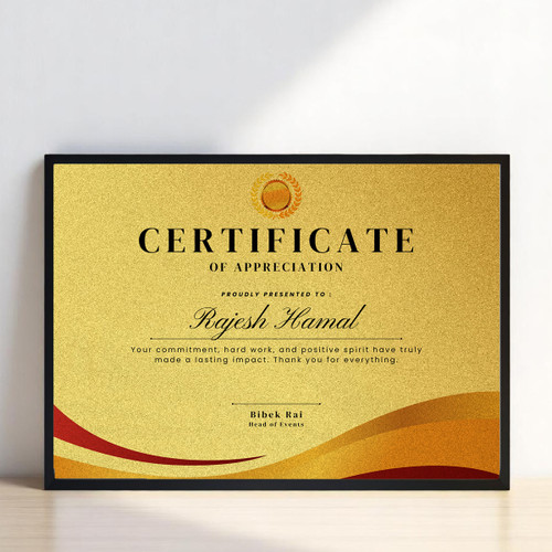 Golden Metal Sheet Certificate of Achievement Frame