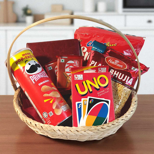 Red Diary, UNO Cards and Wholesome Snack Combo Basket BPL-150 Red Diary, UNO Cards and Wholesome Snack Combo Basket BPL-150