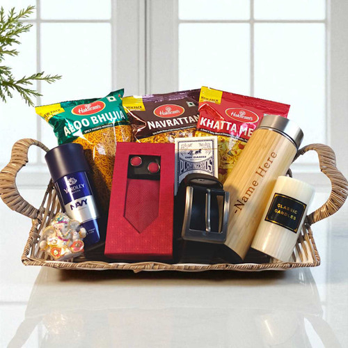 Mini Statue, Personalized Bottle, Men's Essentials and Snacks Basket BPL-160