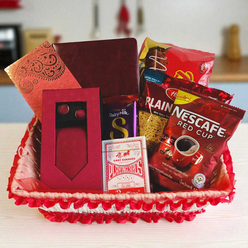 Festive Celebration Gift Basket with Tie, Playing Cards & Cash Envelope JNK-4668