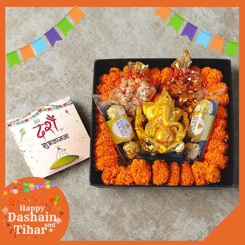 Dashain Gift Box with Ganesh Statue & Sayapatri Mala