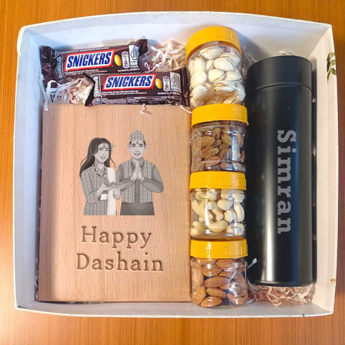 Dashain Special Personalized Plaque, Bottle and Snacks Combo Box BPL-224